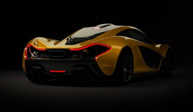 Almaty, Kazakistan - 22 Ekim 2019: koyu arka planda Mclaren P1 stil lüks süper araba. 3d hazırlayıcı