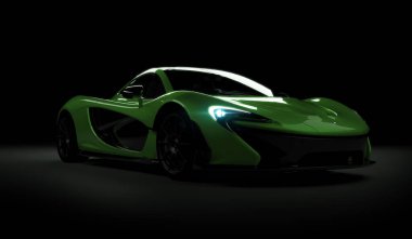 Almaty, Kazakistan - 22 Ekim 2019: koyu arka planda Mclaren P1 stil lüks süper araba. 3d hazırlayıcı