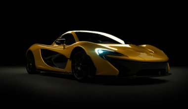 Almaty, Kazakistan - 22 Ekim 2019: koyu arka planda Mclaren P1 stil lüks süper araba. 3d hazırlayıcı