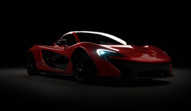 Almaty, Kazakistan - 22 Ekim 2019: koyu arka planda Mclaren P1 stil lüks süper araba. 3d hazırlayıcı