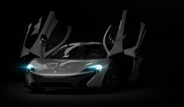 Almaty, Kazakistan - 22 Ekim 2019: koyu arka planda Mclaren P1 stil lüks süper araba. 3d hazırlayıcı