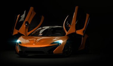 Almaty, Kazakistan - 22 Ekim 2019: koyu arka planda Mclaren P1 stil lüks süper araba. 3d hazırlayıcı