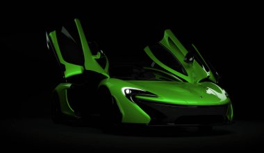 Almaty, Kazakistan - 22 Ekim 2019: koyu arka planda Mclaren P1 stil lüks süper araba. 3d hazırlayıcı