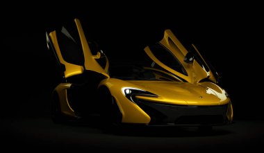 Almaty, Kazakistan - 22 Ekim 2019: koyu arka planda Mclaren P1 stil lüks süper araba. 3d hazırlayıcı