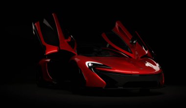 Almaty, Kazakistan - 22 Ekim 2019: koyu arka planda Mclaren P1 stil lüks süper araba. 3d hazırlayıcı