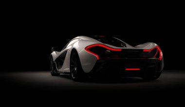 Almaty, Kazakistan - 22 Ekim 2019: koyu arka planda Mclaren P1 stil lüks süper araba. 3d hazırlayıcı