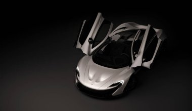 Almaty, Kazakistan - 22 Ekim 2019: koyu arka planda Mclaren P1 stil lüks süper araba. 3d hazırlayıcı