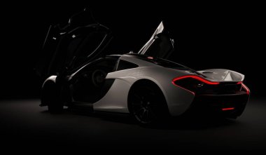 Almaty, Kazakistan - 22 Ekim 2019: koyu arka planda Mclaren P1 stil lüks süper araba. 3d hazırlayıcı
