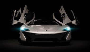 Almaty, Kazakistan - 22 Ekim 2019: koyu arka planda Mclaren P1 stil lüks süper araba. 3d hazırlayıcı
