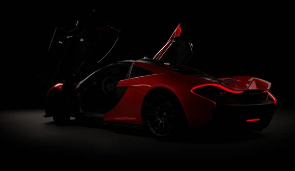 Almaty, Kazakistan - 22 Ekim 2019: koyu arka planda Mclaren P1 stil lüks süper araba. 3d hazırlayıcı
