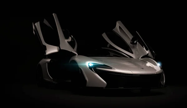 Алматы, Казахстан - 22 октября 2019 года: Стильный роскошный суперкар Mclaren P1 на темном фоне. 3D рендеринг — стоковое фото