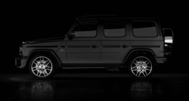 Moskova, Rusya Haziran 2020: Mercedes-AMG G G 63 'ün siyah arka planda özel versiyonu, Mercedes-Benz tarafından üretilen G-sınıfı off-road arabası. 3d hazırlayıcı