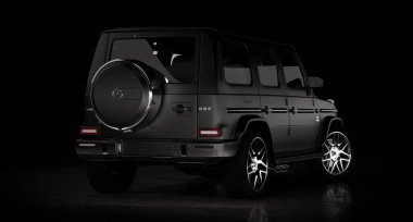Moskova, Rusya Haziran 2020: Mercedes-AMG G G 63 'ün siyah arka planda özel versiyonu, Mercedes-Benz tarafından üretilen G-sınıfı off-road arabası. 3d hazırlayıcı