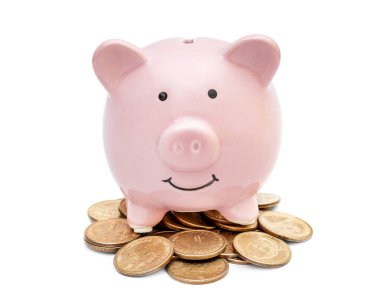 Domuz kumbarası üstüne para yığını üstüne beyaz.