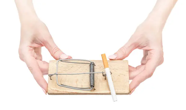 Dámská Ruka Drží Myši Cigaretou Bílém Pozadí — Stock fotografie