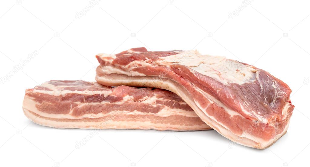 Two piece of raw pork brisket on white background. Raw meat.