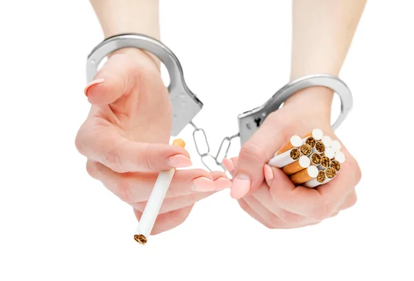 Ruce Poutech Cigaretami Bílém Pozadí Kuřácký Zvyk — Stock fotografie