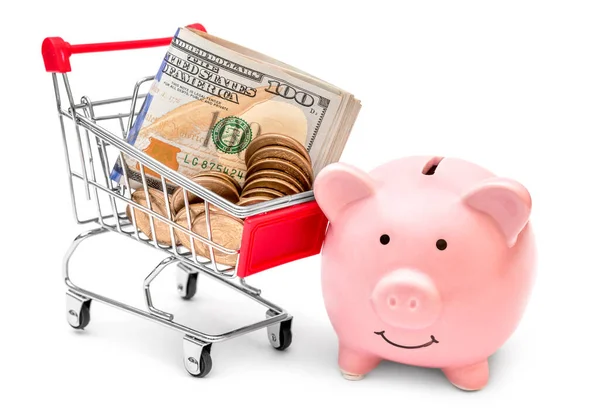 Piggy Bank Met Winkelwagentje Geld Wit Spaarconcept — Stockfoto