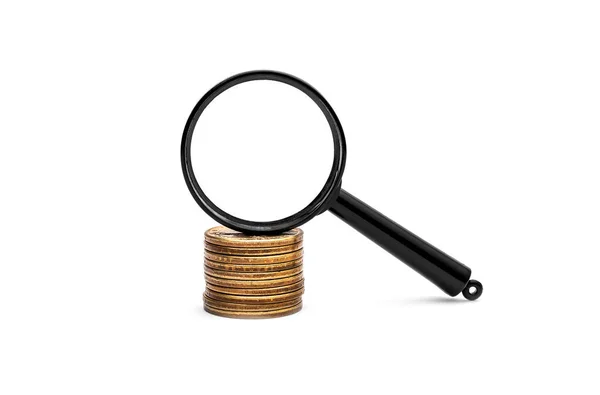Magnifying Glass Stack Coins White Background — Stock Photo, Image