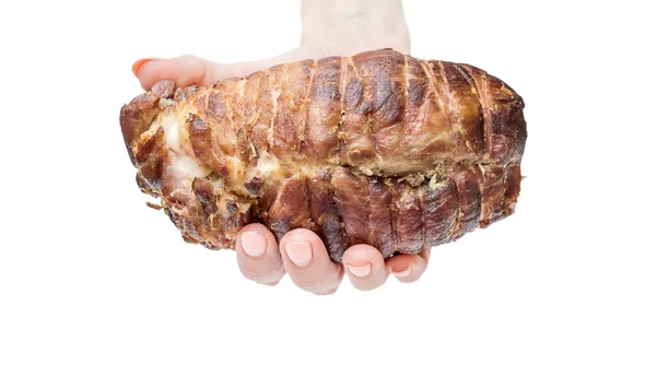 Female Hand Holding Smoked Ham Close Isolated White — Stock Photo, Image