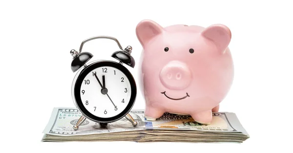 Piggy Bank Clock Heap Money Isolated White — Stock Photo, Image