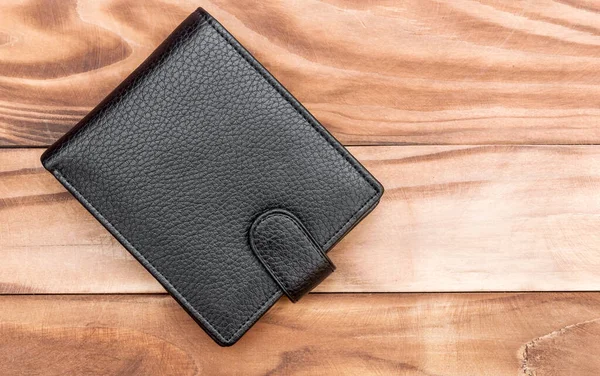 Black Leather Wallet Wooden Background Top View — Stock Photo, Image