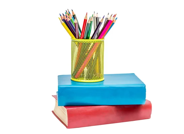 Soporte Con Lápices Colores Pila Libros Aislado Sobre Blanco — Foto de Stock