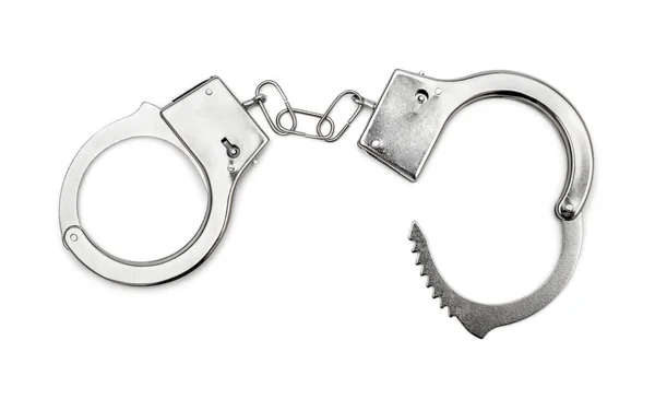 Opened Handcuffs White Background Top View — Stock Photo, Image