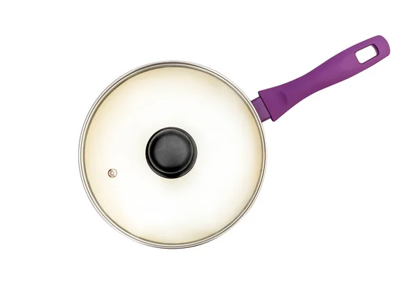白い背景に蓋で覆われた紫色のセラミックフライパン トップ表示 — ストック写真