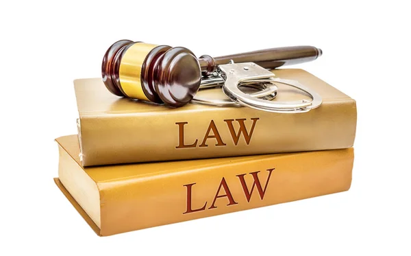 Judge Gavel Handcuffs Law Books Isolated White — Stock Photo, Image