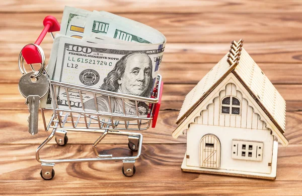 Shopping Cart Money Model House Wooden Background Real Estate Buying — Stock Photo, Image