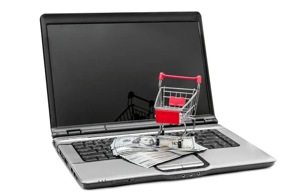 Kundvagn Med Pengar Öppnad Laptop Isolerad Vitt — Stockfoto