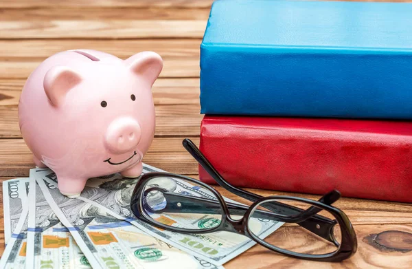 Piggy Bank Money Glasses Stack Books Table — Stock Photo, Image