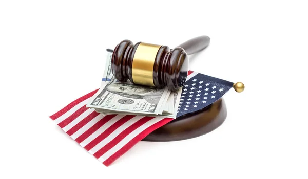 Судья Молоток Деньгами Американским Флагом Белом — стоковое фото