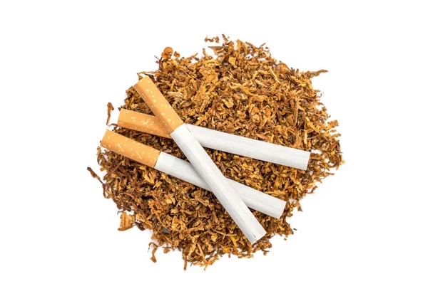Pile Tabac Coupé Avec Des Cigarettes Sur Fond Blanc Vue — Photo