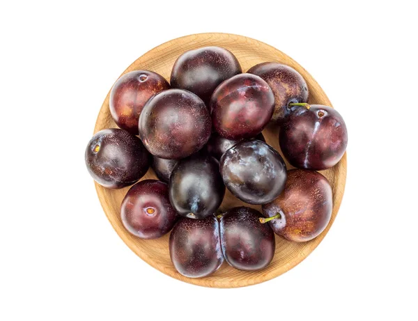 Wooden Bowl Ripe Plums White Top View — Stock Photo, Image