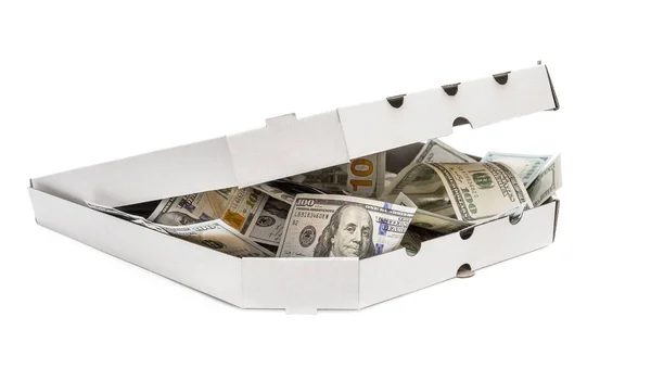 Beyaz banknotlarla dolu bir pizza kutusu..