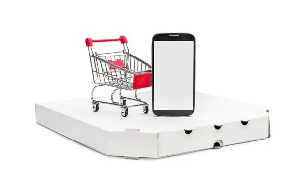 Carrello Della Spesa Smartphone Vuoto Scatola Della Pizza Bianco — Foto Stock