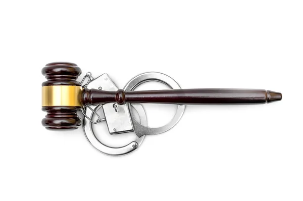 Gavel Handcuffs White Law Justice Concept Top View — Stock Photo, Image