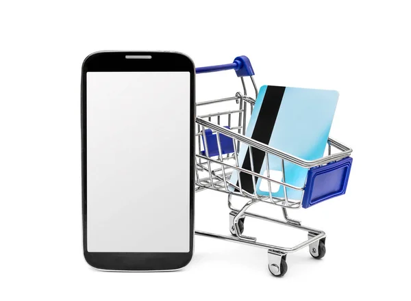 Smartphone Con Pantalla Blanco Carrito Compras Con Tarjeta Crédito Blanco — Foto de Stock