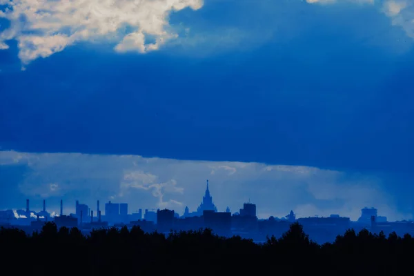 The silhouette of Moscow city after the rain. Aerial view.