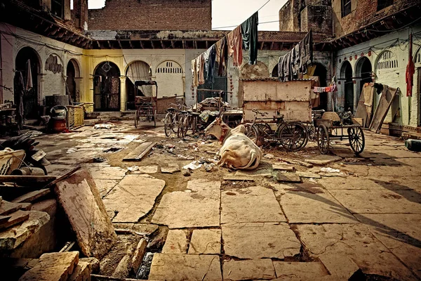 Old courtyard of holy indian town Vrindavan. Uttar Pradesh, India.