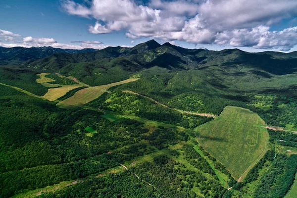 Rusya 'daki Kamçatka' daki çiftlik arazilerinin hava manzarası. Tarım Arazisi.