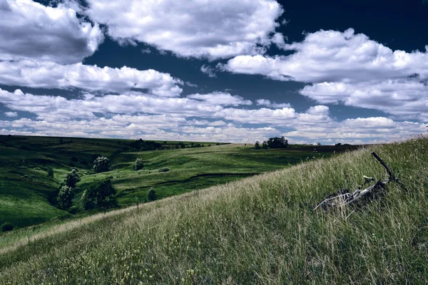野生の自然景観の背景にマウンテンバイク 丘と中央ロシア農業地方のパノラマ風景 — ストック写真
