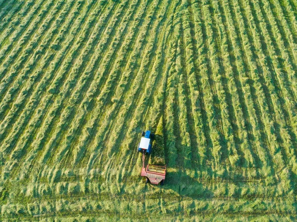 Aerial of a tractor pulling a cutter mowing hay
