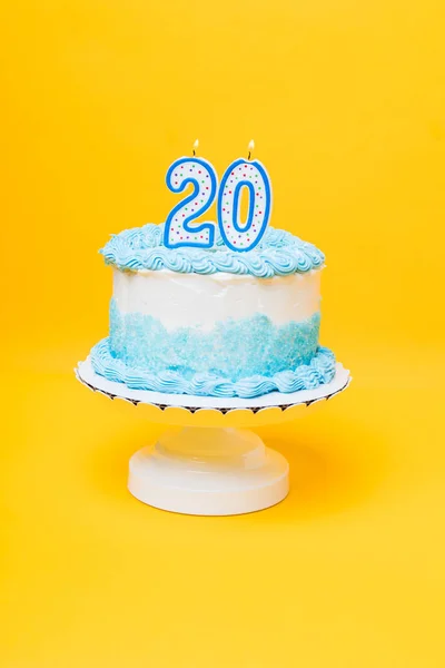 White Cake Blue Decorations Candle Top — Stock Photo, Image