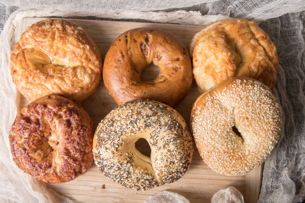 Mix Bagels Wooden Board — Stock Photo, Image