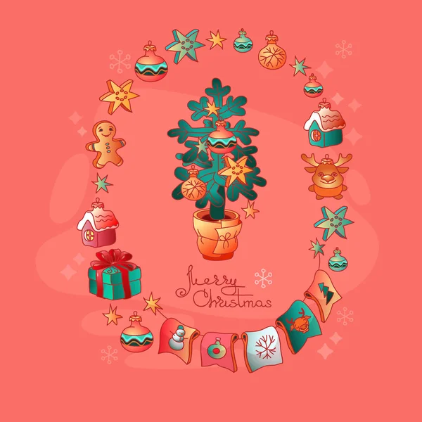 Feliz Tarjeta Navidad Lindo Árbol Navidad Juguetes Palabras Manuscritas Feliz — Vector de stock