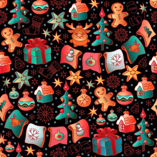 Симпатичный Рождественский Узор Печатей Цветными Игрушками Подарочными Коробками Елками — стоковый вектор