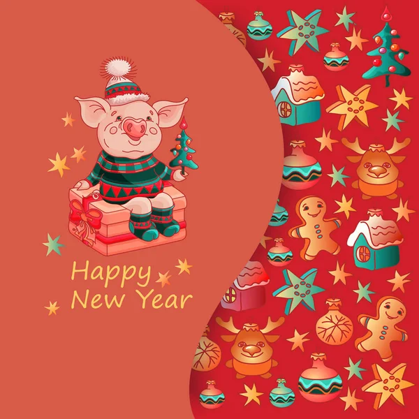 Happy New Year Card Cute Cheerful Pig Sits Gift Box — Stock Vector